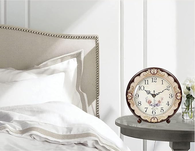Justup Vintage Wooden Table Clock, Retro Non-Ticking European Style Beside Mantle Desk Clock Battery Operated Silent Quartz Movement for Bedroom Living Room Indoor Decor (Purple)