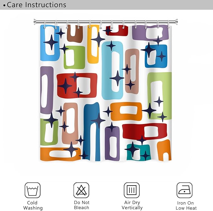 Modern Abstract Shower Curtain Colorful Geometric Rectangle Pattern Mid Century 1960's Old Fashioned Bathroom Decor Accessories Shower Curtain Set with 12 Hooks, 65x72 Inches