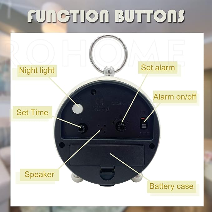 Rohome Vintage Small Alarm Clock with Night Light, Beige, Silent Quartz Movement, Non-Ticking, Decorative, for Bedside Table, Desk, Kitchen, Bedroom, Shelf, Nightstand, Wall Hanging (Beige)