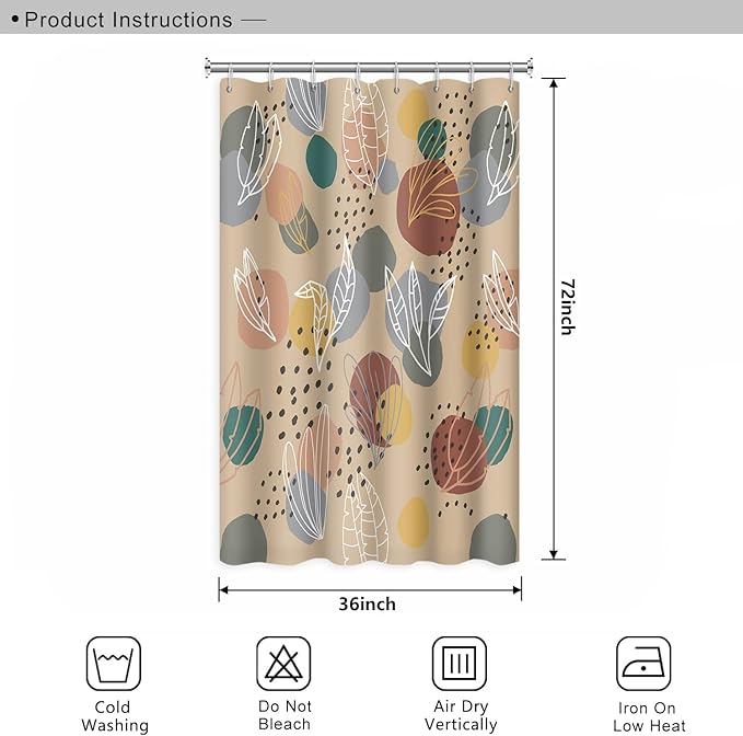 Abstract Mid Century Boho Leaves Colorful Geometric Pattern Shower Curtain, Washable Polyester Durable Fabric Aesthetics Bath Shower Curtain with Hooks, 36x72 Inch