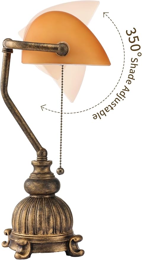 Retro Amber Glass Bankers Desk Lamp with Pull Chain Switch for Home Office, Library, Plug in Fixture, LED Bulb Included