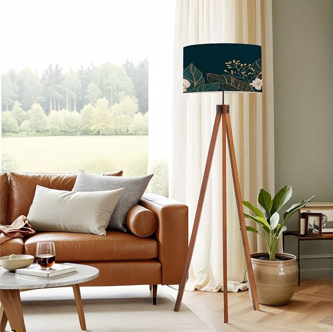 Wood Tripod Floor Lamp Leaves elegance luxury Symbol spring summer season Linear ornament Mid Century Standing Lamp Linen Shade Dimmable Modern Tall lamp Home Decor for Living Room Bedroom Office