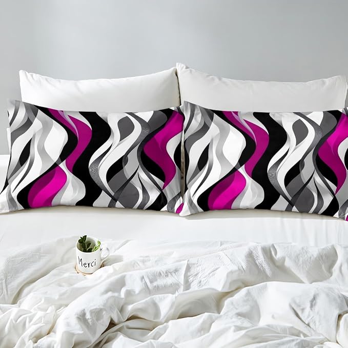 Pink Black Stripes Duvet Cover Set Queen Size,Modern Abstract Wave Striped Bedding Set,Girls Women Room Decor,Simple Geometric Artwork Chic Comforter Cover,Comfy Quilt Cover,2 Pillowcases(No Filler)