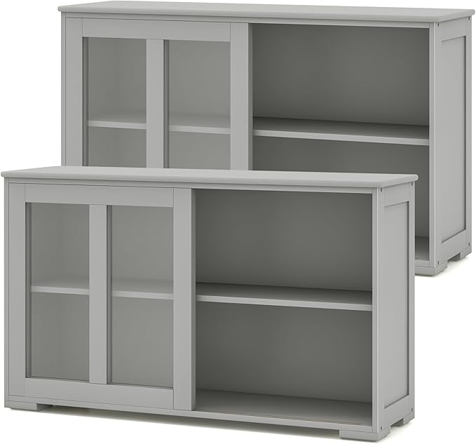 Byroce Sideboard Buffet Cabinet, Stackable Storage Coffee Bar Cabinet with Adjustable Shelf & Glass Sliding Doors, Wood Cupboard Credenza Console Table for Kitchen Dining Living Room (2, Grey)