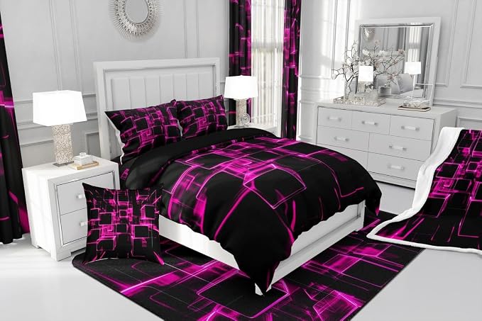 Erosebridal Girly Pink and Black Kids Comforter Set, Modern Abstract Geometric Square Bedding Sets for Boys Girls Gradient Neon Light Honeycomb Duvet Insert King with 2 Pillowcases