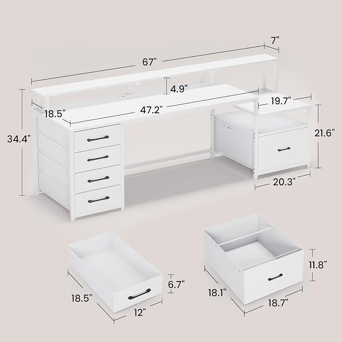 SEDETA White Computer Desk with 5 Drawer & Power Outlet, 66'' Home Office Desk with File Drawer, Storage Shelves, Printer Cabinet and Monitor Shelf, Gaming Desk with Led Lights