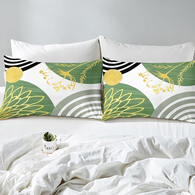Mid Century Modern Duvet Cover Toddler Size for Kids Teens Adults - White and Green Abstract Comforter Cover Boho Minimalist Aesthetic Bedding Set Chic Modern Geometric Bohemian Floral Bed Set