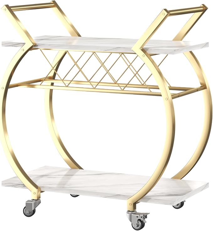 LVB Gold Bar Cart with Wheels, Modern White Marble Home Bar Serving Cart, Drink Cart with Wine Rack, Metal Wooden Beverage Cart, Rolling Kitchen Cart for Home Dining Room,Gold White Marble
