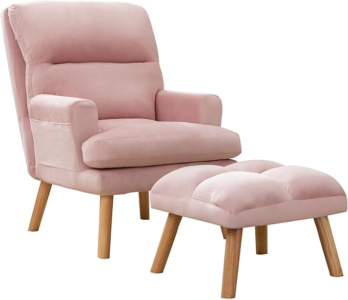 Accent Chair with Ottoman Comfy Reading Chair Armchair with Adjustable Backrest and Side Pockets Soft Fabric Leisure Sofa for Bedroom, Living Room, Dorm Rooms, Garden, Pink