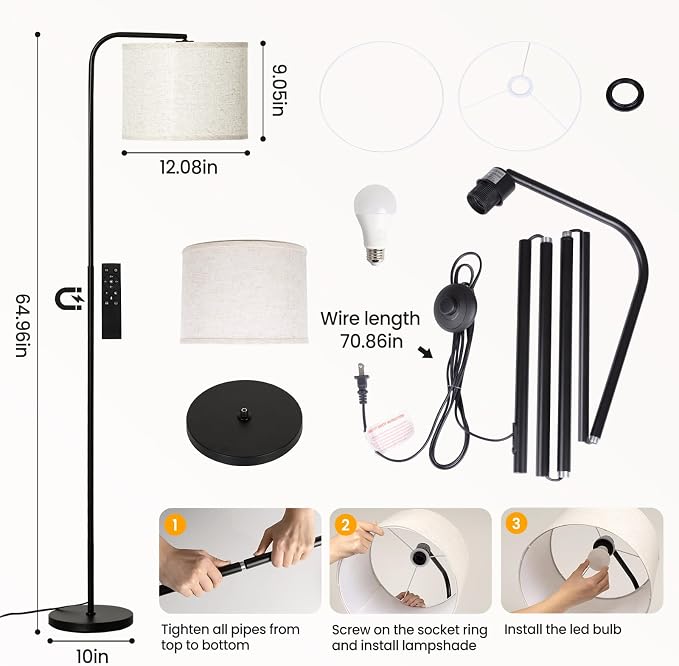 Remote Floor Lamp for Living Room and Bedroom - Modern RGB Standing Lamps Tall with Led Blub and Dimmable Light - Black Arc Room Lights with Shade for Home Decor Office Corner and Reading ( Black+RGB)