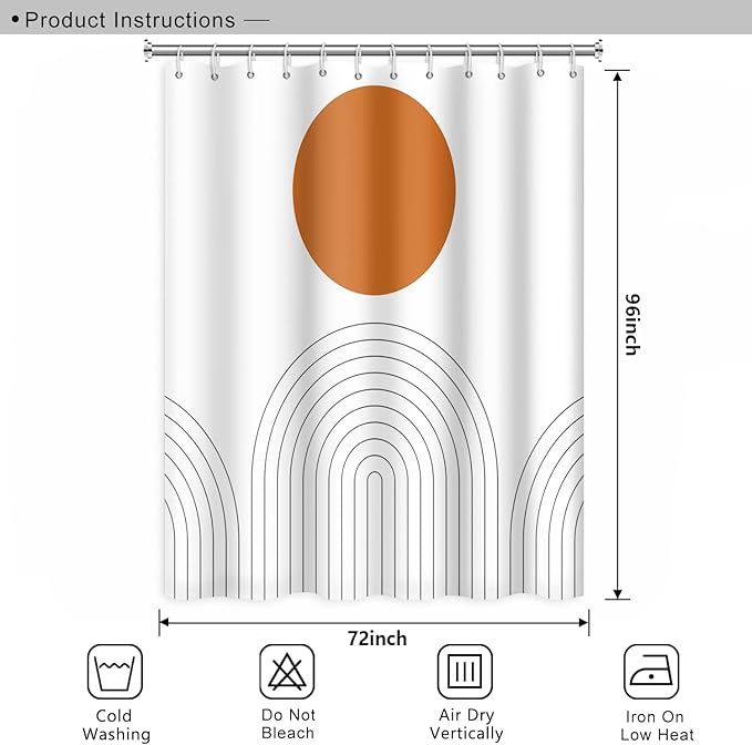 Abstract Mid Century Bohemian Bathroom Shower Curtain - Orange Sun Lines Arch with Hooks - Waterproof Polyester Fabric - Minimalist Home Decor, 72x96 Inch