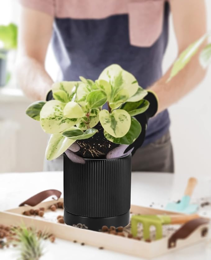 LaDoVita 3 Pack Ceramic Plant Pots 6/5/4 inch, Flowerpot for Indoor Plants with Drainage Holes and Tray, Outdoor Garden Planters, Modern Decorative for Home, Black Vertical Stripes
