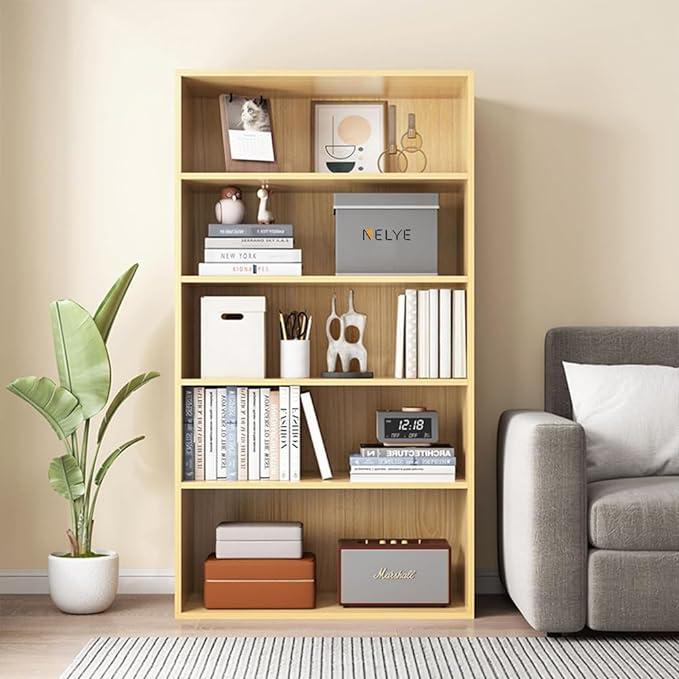NELYE Basic Open Shelf Bookcase - 5-Tier Wooden Cube Storage Shelves Split Bookshelf, Oak