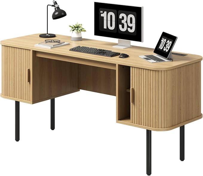 ONBRILL 63 Inch Fluted Computer Desk with Charging Station, Mid Century Executive Desk with 2 Storage Cabinets, Modern Home Office Large Desk with Metal Legs for Working, Studying, Writing, Oak