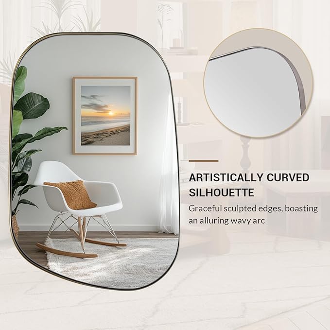ANDY STAR 24"x40" Asymmetrical Wall Mirror,Brushed Nickel Irregular Bathroom Mirror with Stainless Steel Metal Frame, Wall-Mounted Mirror for Bathroom, Entryway (Horizontal/Vertical)
