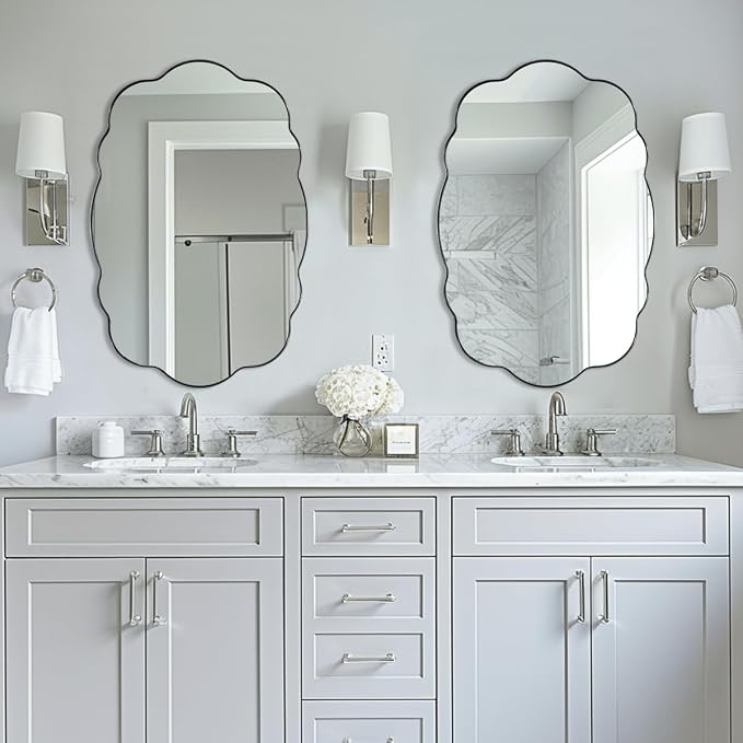 ANDY STAR Brushed Nickel Wavy Oval Bathroom Mirror, 24x36 Inch Silver Asymmetrical Wall Mirror, Unique Irregular Wall Mirror with Sophisticated Curved Design