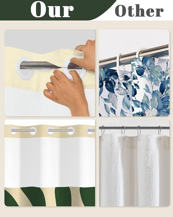 No Hook Shower Curtain and Snap in Liner Set, Matisse-Inspired Abstract Green Botanical Shower Curtains for Mid-Century Modern Boho Bathroom, Mesh Top Waterproof Bath Curtain, 71Wx74H