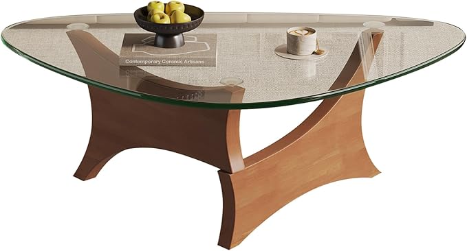 Glass Coffee Table Mid-Century Modern Coffee Table for Living Room Center Table Suitable for Bedroom Living Room Reception Office Tables(Walnut/Transparent,Large)