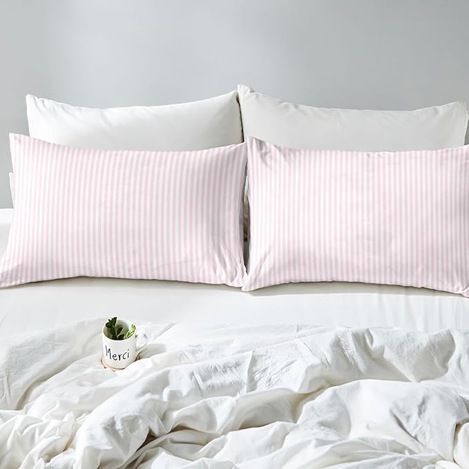 Erosebridal Pink White Stripe Bedding Set Queen Geometric Striped Duvet Cover for Kids Teens Farmhouse Ticking Stripes Comforter Cover Horizontal Stripes Modern Abstract Bed Set with Zipper