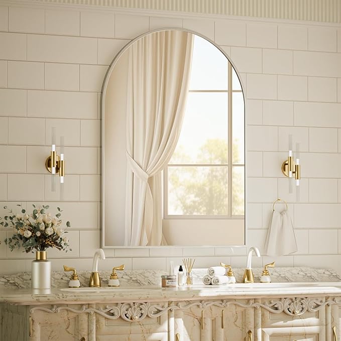 BEAUTYPEAK 30"x40" Arch Bathroom Mirror, Wall Mounted Vanity Metal Frame Mirror for Bedroom, Entryway, Living Room, Silver