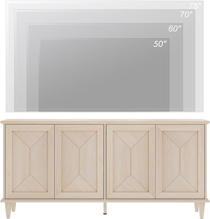WAMPAT 65-inch Handcrafted Patchwork Decorative Buffet Cabinet with Pop-Up Design Doors,Full Unit Modern Farmhouse Accent Credenza for Coffee Bar, Kitchen, and Living Room, Light Oak