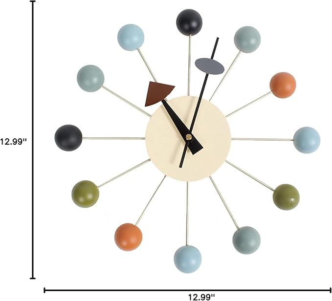 SHISEDECO Ball Clock in Multicolor, Painted Solid Wood Non Ticking Decorative Mid Century Modern Silent Wall Clocks Retro Design for Home, Kitchen, Living Room, Office etc.