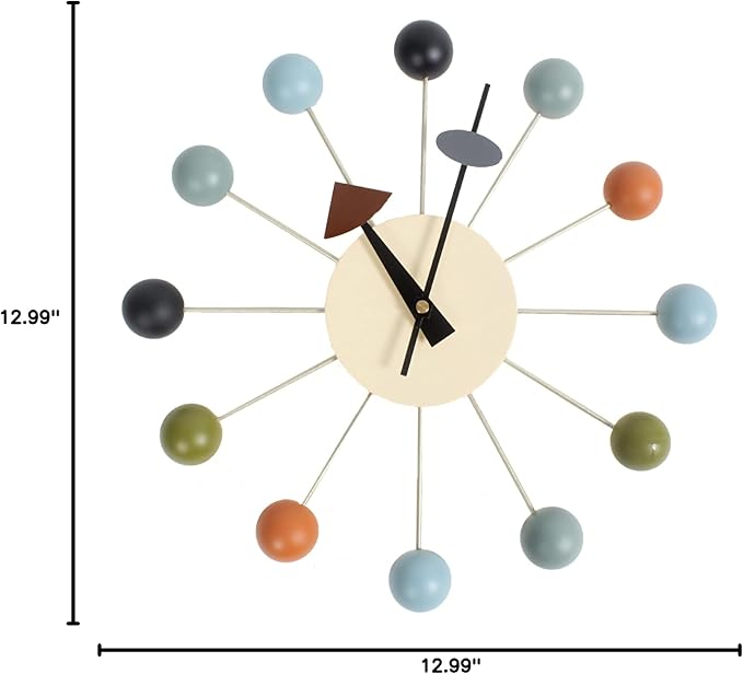 SHISEDECO Ball Clock in Multicolor, Painted Solid Wood Non Ticking Decorative Mid Century Modern Silent Wall Clocks Retro Design for Home, Kitchen, Living Room, Office etc.