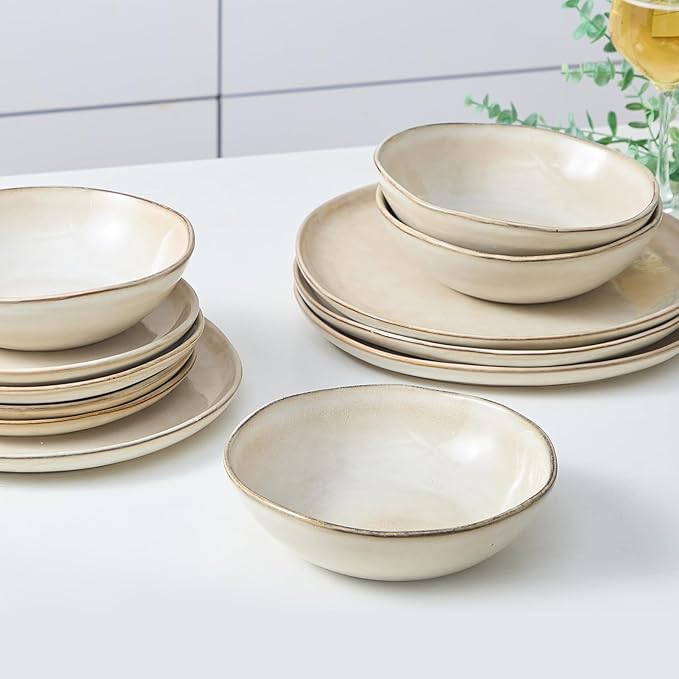 Bestone 12 Piece Round Kitchen Dinnerware Sets,Plates and Bowls sets,Dishes, Plates, Bowls, Dish Set, Chip Resistant Ceramic Dinnerware Set, Dishwasher/Microwave Safe,Service for 4,Brown