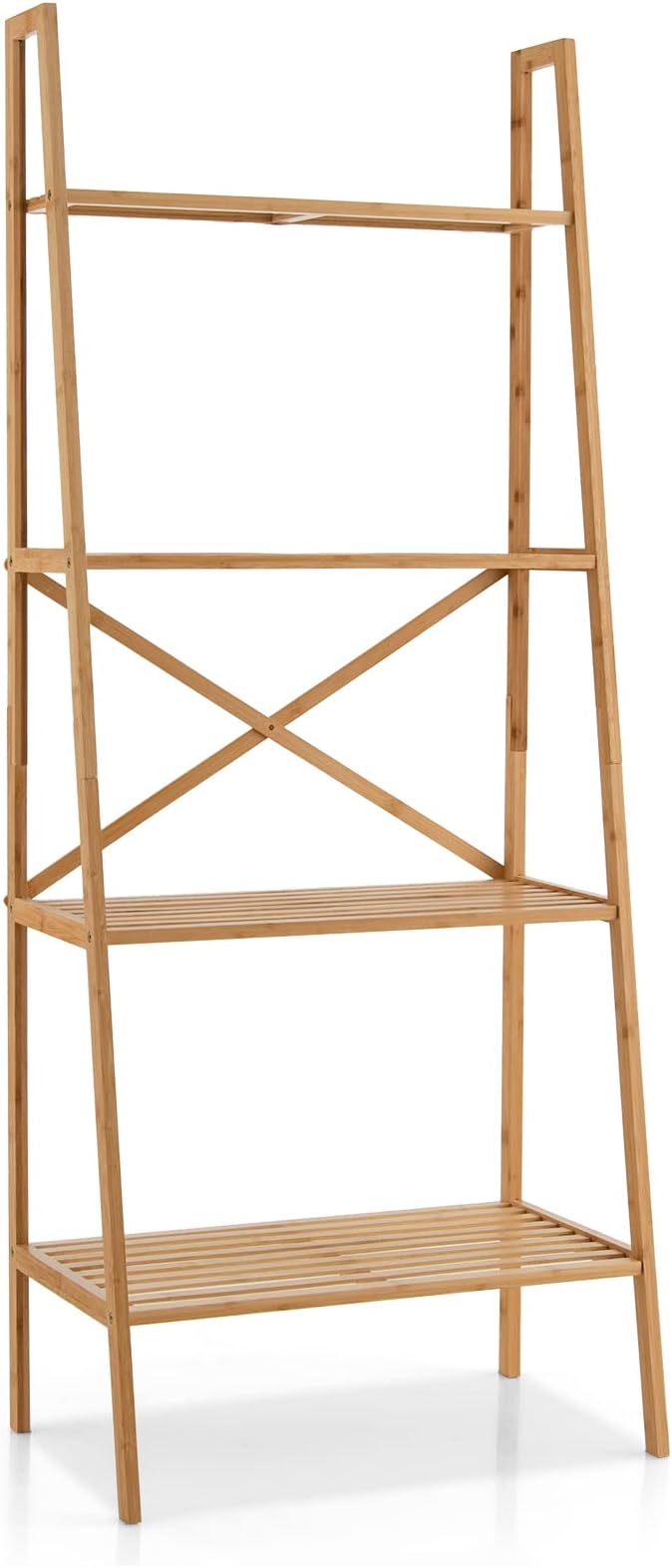 Giantex 4-Tier Bamboo Bookshelf, Multifunctional Storage Display Rack Shelves with Anti-Tipping Device, Natural Bamboo Ladder Shelf for Home Office Kitchen Bathroom