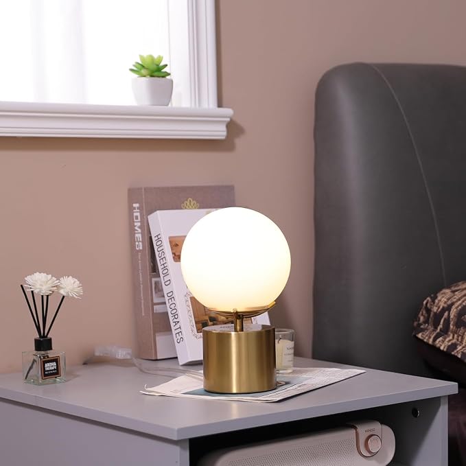 10 Inch Gold Globe Table Lamp, Mid Century Modern Desk Lamp with Frosted Glass Shade, Eye-Caring Soft Light, Gold Metal Base Ball Bedside Lamp for Bedroom Living Room Nightstand Home Decor