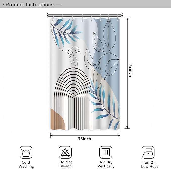Abstract Mid Century Bathroom Shower Curtain Bohemian Eucalyptus Leaves Stripes Arch Light Blue Shower with Hooks Waterproof Fabric Polyester Home Decor, 36x72 Inch