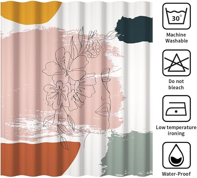 Boho Abstract Line Art Shower Curtain Modern Minimalist Bathroom Decor Floral Woman Face Abstract Color Block Chic Aesthetic Bathtub Curtains Washable Waterproof Polyester Fabric with Hooks 72x78 Inch