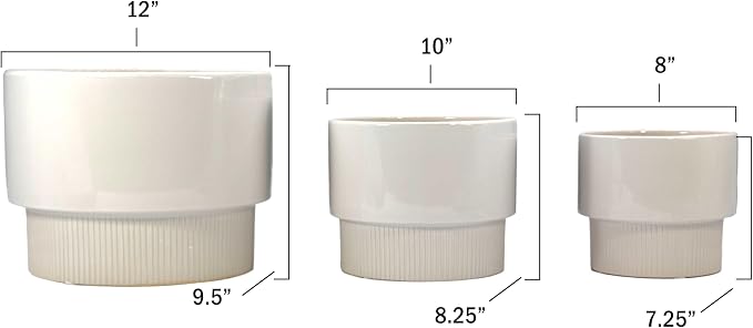 Galt International Set of 3 (8", 10", 12") Mid Century Modern Off White Flat Ribbed Ceramic Planter Pots Flower Pot Indoor House Plants Decor w/Drainage Hole & Plug