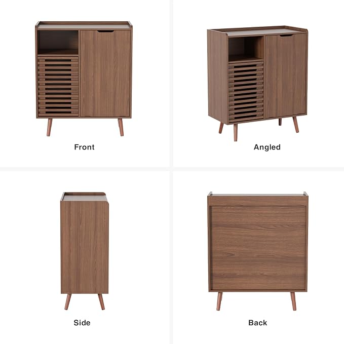 FiveWillowise Storage Cabinet with slatted Door, Tilt Out Trash Can Cabinet for 10 Gallon Wooden Dog-Proof Recycling Bin with Hidden Laundry Basket for Kitchen Island and Dining Room, Walnut