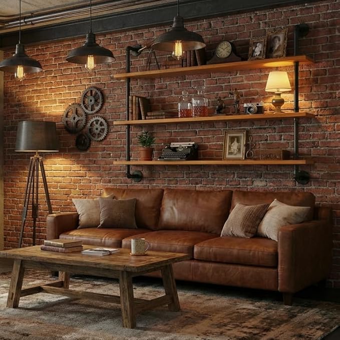 HDDFER Industrial Pipe Wall Shelves - 36" Rustic Natural Oak Solid Wood Shelf, 9.85" Deep Industrial Pipe Floating Shelving for Farmhouse Rustic Decor, Sturdy Storage for Books/Plants/Toiletries