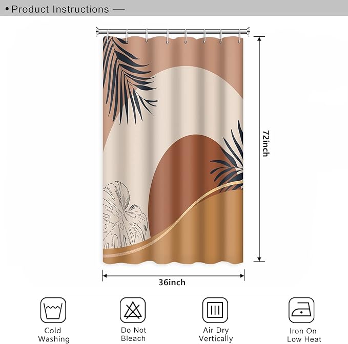 Abstract Mid Century Boho Bathroom Shower Curtain - Orange Sun Eucalyptus Leaves Shower Curtain with Hooks - Waterproof Polyester Fabric - 36x72 Inch
