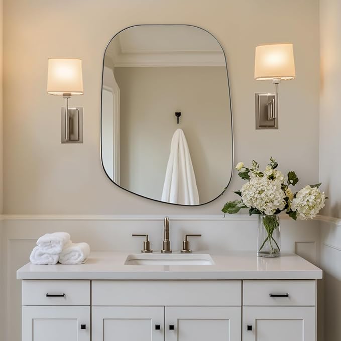 ANDY STAR 22"x30" Chrome Bathroom Mirror, Irregular Wall Mirror in Stainless Steel Metal Frame, Modern Polished Chrome Finish with Curved Edge Design, Wall-Mount Vertically or Horizontally