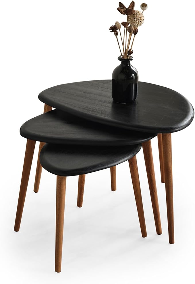 Solid Wood Nesting Coffee Table Set of 3 - Mid Century Modern Pebble Tables with Tapered Legs – Wooden Home Furniture in a Retro Style (Black)