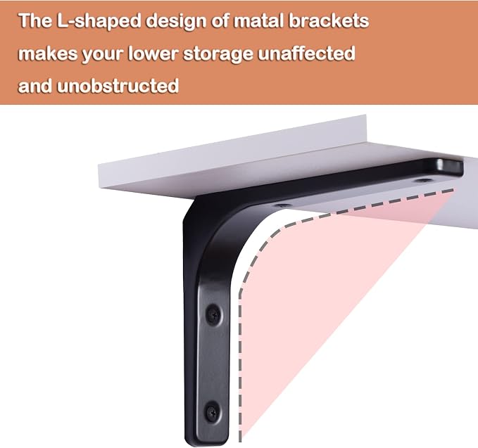 DINZI LVJ Long Wall Shelves, 23.6 Inch Wall Mounted Shelves Set of 2, Easy-to-Install, Floating Storage Ledges with Sturdy Metal Brackets for Living Room, Bathroom, Bedroom, Kitchen, White