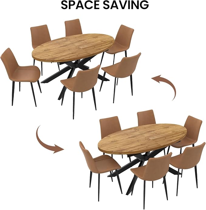 63"-78.7" Extendable Round Dining Table Set for 4, 5 Piece Mid Century Modern Oval Kitchen Table Set, Large Dining Table with 4 Dining Chairs for Living Room Space Saving(Walnut Table+4 Brown Chairs)