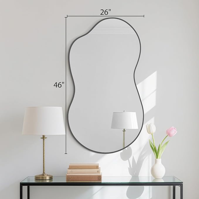 HOMECOOKIN 46" H x 26" W Irregular Wall Mirror, Asymmetrical Decorative Mirror with Black Aluminum Frame, Wavy Abstract Black Mirror, for Living Room, Bedroom, Bathroom, Entryway, Cloakroom
