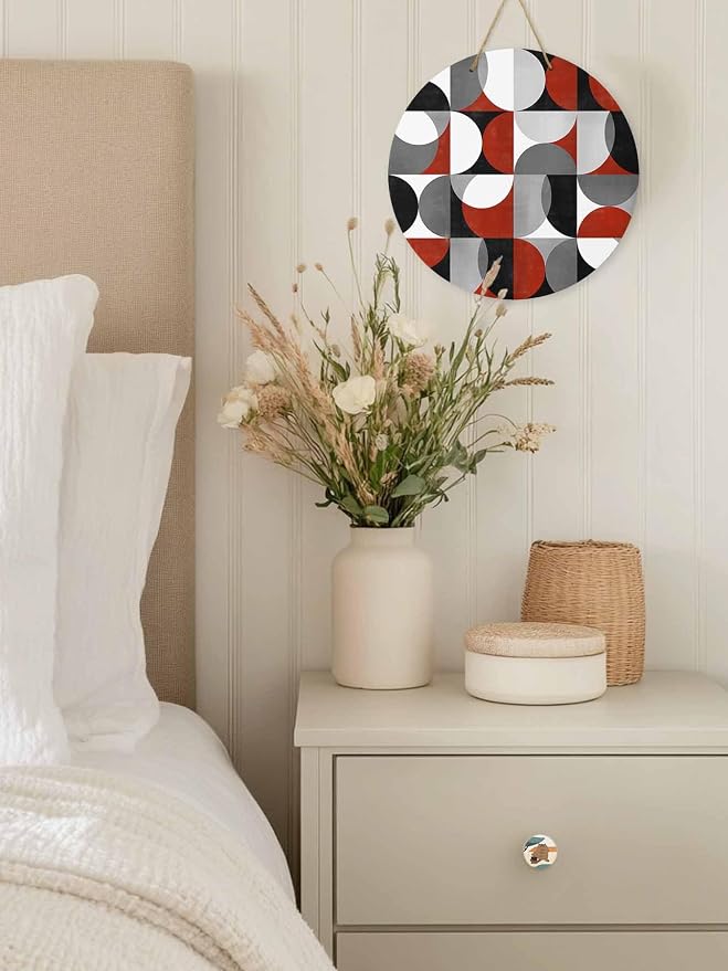 Welcome Sign for Front Door Mid Century Geometric Wood Door Hanger for Outdoor Outside Porch,12 Inch Round Wooden Wreath Indoor Wall Hanging Decoration, Abstract Modern Red