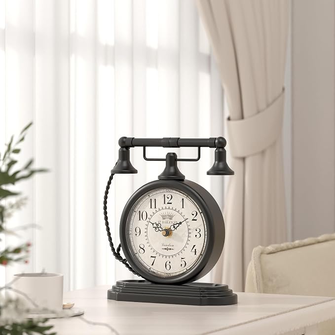 Vintage Table Clock, Desk and Shelf Decor Clock, Black Antique Telephone Style Mantel Clocks, for Living Room, Farmhouse, Bedroom, Bedside, Gift (7.3" H x 7.3" W)