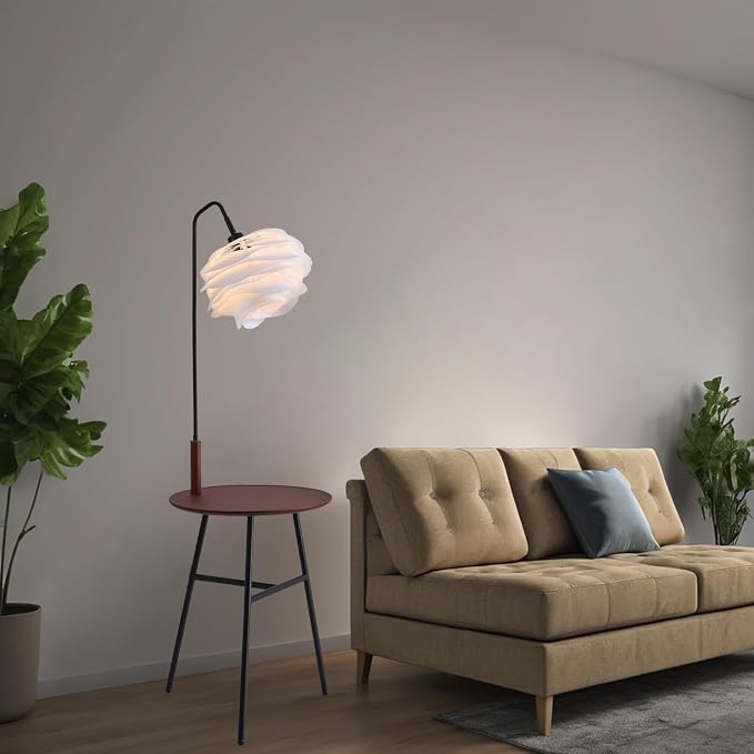 Fiqevs Flower Floor Lamp, Wood Shelf Mid-Century Modern Standing Lamp, Tripod Tall Lamp for Living Room, Bedroom, Office Decor