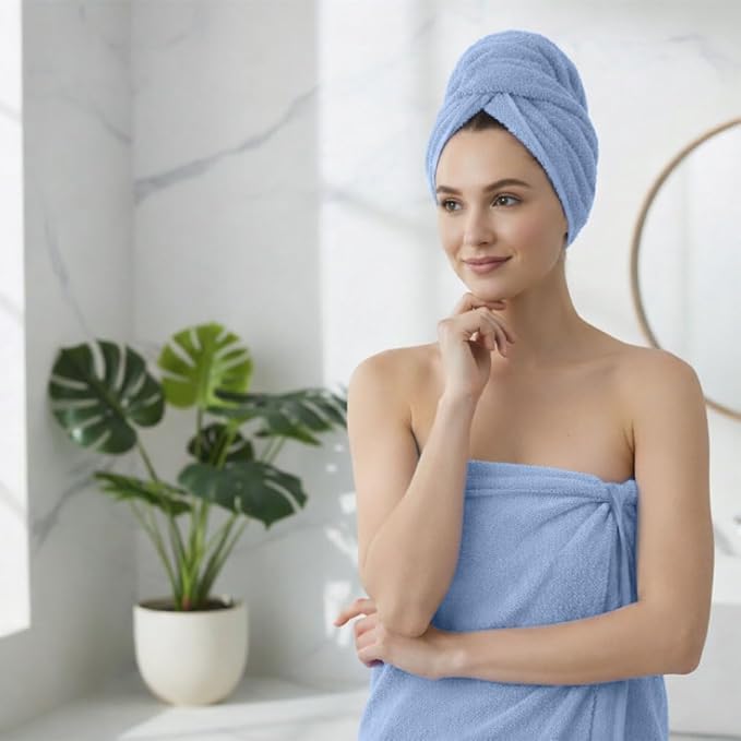 Light Blue Bath Towels for Bathroom โ 100% Cotton, Thick, Soft, Luxury Bath Towels Set with 2 Extra Large Bath, 2 Hand, and 4 Washcloths โ Plush, Absorbent, and Hotel-Quality Towels for Bathroom & Spa