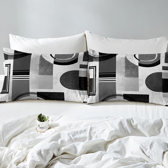 Geometric Striped Circle Duvet Cover Set Toddler Size,Abstract Aesthetic Simple Art Bedding Set,Boys Girls Room Decor,Graffiti Retro Squares Comforter Cover,Grey Quilt Cover,1 Pillowcase(No Filler)