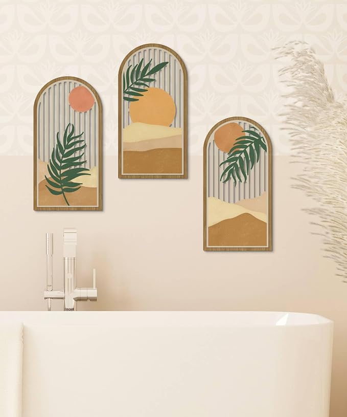 Putuo Decor Boho Wall Art Set of 3, Modern Minimalist Wooden Wall Decor, Nature-Inspired Abstract Aesthetic Room Decorations, Mid-Century Artwork for Living Room, Bedroom, Office (Brown, 16×8 in