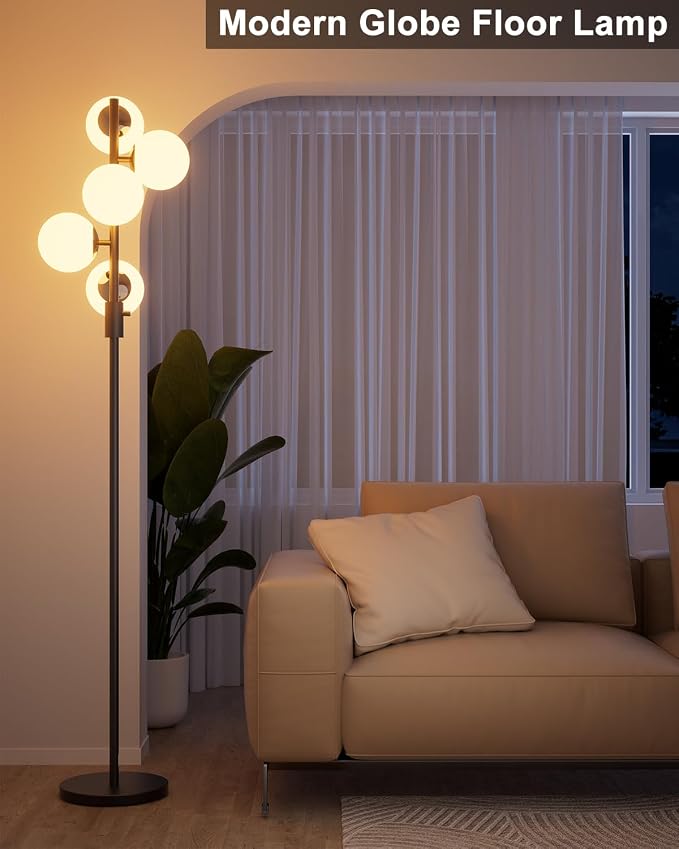 64IN Dimmable Black Floor Lamp, Tall Standing Lamps with 5 Globe Soft Warm White Eye Care 3000K G9 Bulbs, Mid Century Modern Floor Lamp with 5Lbs Heavy Base for Living Room Bedroom Office