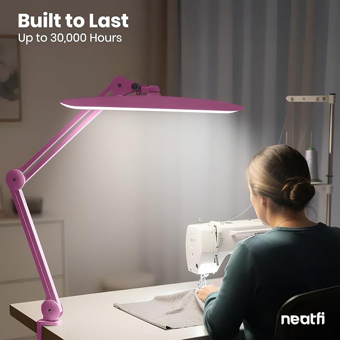 Neatfi XL Nail Desk Lamp with Clamp, 2200 Lumens, 20-Inch Wide Head, Dimmable 4 Levels, 3 Color Modes 3000K–6000K, LED Task Light for Manicure Table, Crafts, Workbench, Office (CCT, Pink)