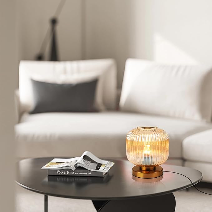 Modern Table Lamps Gold Table lamp Amber Ribbed Glass Shade Desk lamp Bedside Table lamp nightstand lamp Small Table lamp for Bedroom Living Room Office end Table Side